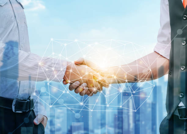 istock Business man handshake with effect global world map network link connection and graph chart of stock market graphic diagram, internet communication, stock market deal, Double exposure