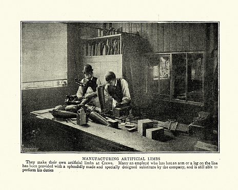 Vintage photograph of Artificial limb workshop at Crewe railway works, 19th Century.