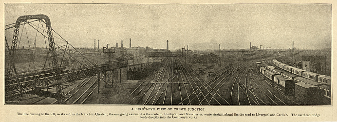 Vintage photograph of Bird's eye view of Crewe railway junction, 1895, 19th Century