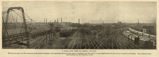 Bird's eye view of Crewe railway junction, 1895, 19th Century Vintage photograph of Bird's eye view of Crewe railway junction, 1895, 19th Century locomotive photos stock pictures, royalty-free photos & images