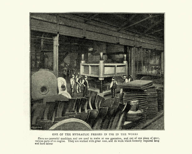 Hydraulic press in Crewe railway works, Victorian, 19th Century Vintage photograph of Hydraulic press in Crewe railway works, Victorian, 19th Century hydraulic platform photos stock pictures, royalty-free photos & images