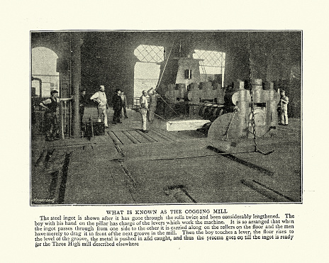 Vintage photograph of Metal workers at the cogging mill, Crewe railway works, 1895, 19th Century