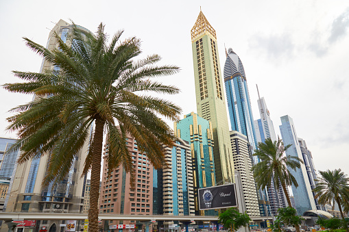 Dubai, United Arab Emirates - November 21, 2019: Sheikh Zayed Road low angle view with skyscrapers and palm trees in Dubai