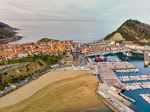 Aerial view of fishing town of Getaria at Basque Country, Spain.
