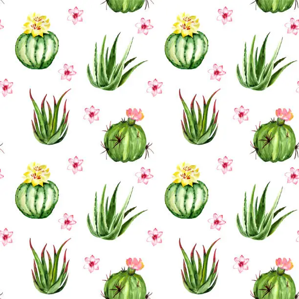Photo of Watercolor cactus seamless pattern background. Artwork hand-drawn painted.
