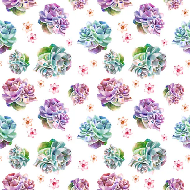 Photo of Watercolor cactus seamless pattern background. Artwork hand-drawn painted.