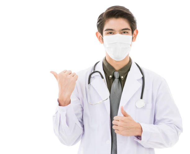istock Young Asian man in lab coat in white background 1221162102