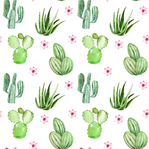 Photo of Watercolor cactus seamless pattern background. Artwork hand-drawn painted.