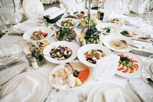 istock catering service. table with food and drink at restaurant before wedding party 1221163643