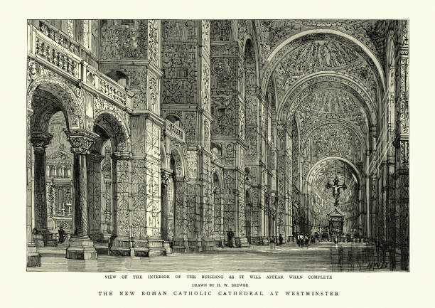 wnętrze katedry westminster, neo bizantyjska katedra rzymskokatolicka, londyn - nave stock illustrations