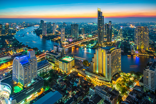 Aerial view of a cityscape Bangkok  at night , Thailand