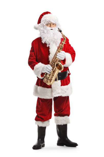 istock Santa Claus standing and holding a saxophone 1221165220