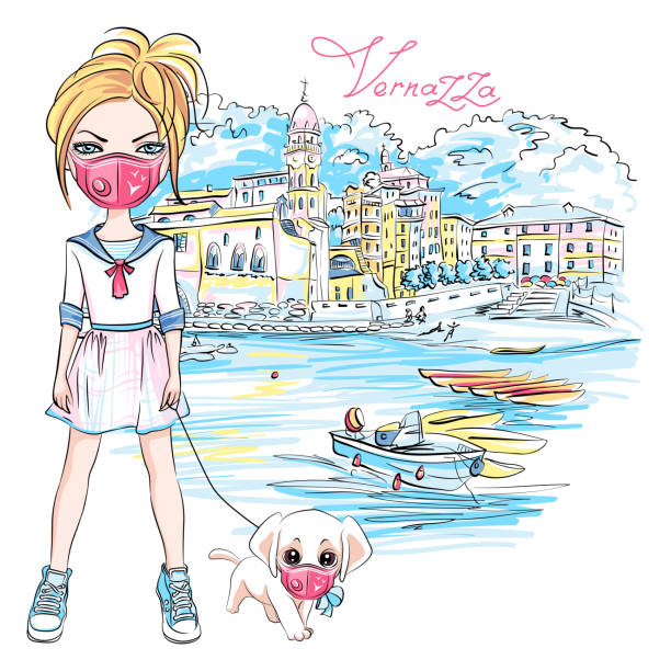 Baby girl walk a dog on quarantine Vector cute blond girl walking a dog during coronavirus COVID-19 quarantine in Vernazza, Liguria, Italy. Girl and dog in protective masks. spezia stock illustrations