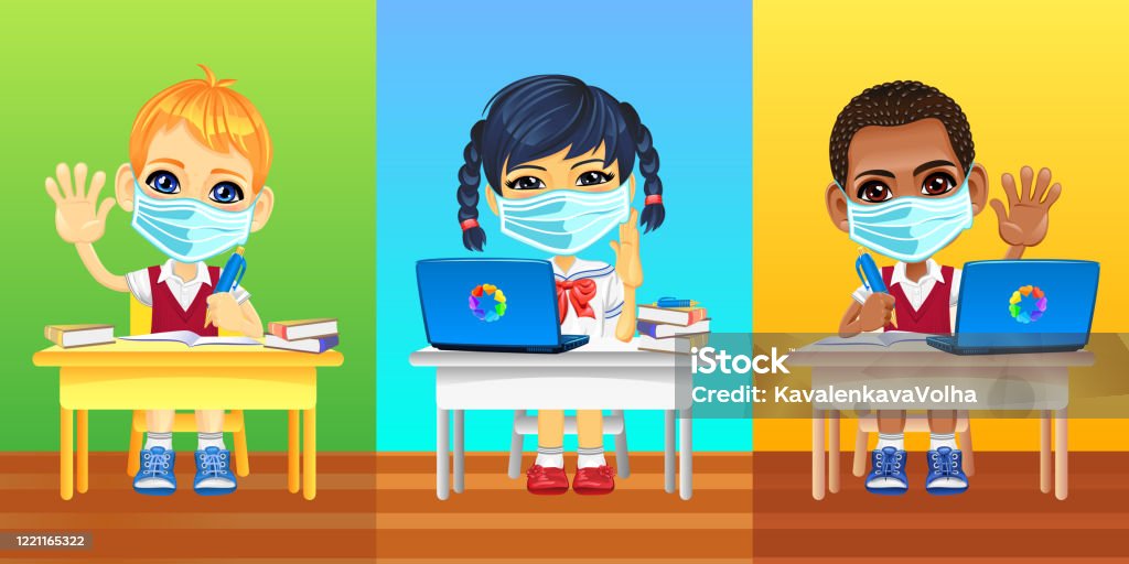 Vector schoolkids on quarantine European, asian and african schoolkids in protective masks and school uniforms sitting at school desk during coronavirus COVID-19 quarantine Protective Face Mask stock vector