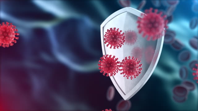 Security shield as virus protection concept. Coronavirus Sars-Cov-2 safety barrier. Shiny steel shield protecting against virus cells, source of covid-19 disease. Defense against bacteria.