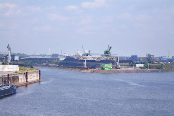 Inner harbor Duisburg at Ruhr and Rhine and coal loading area - nobody working, empty harbor