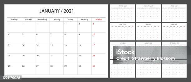 Calendar Planner 2021 Design Template Week Start Monday Stock Illustration - Download Image Now
