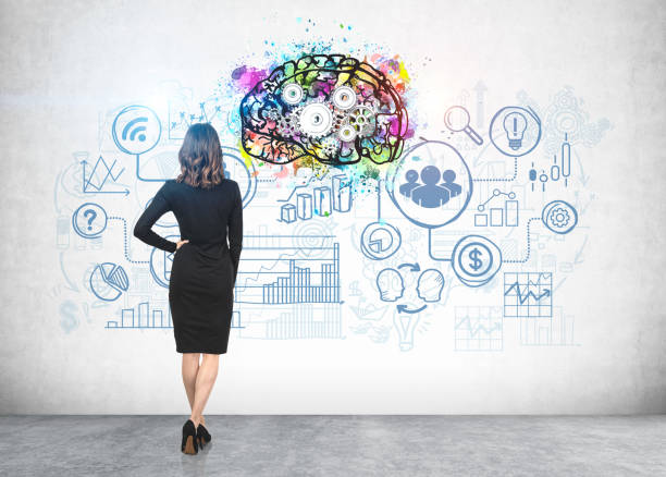 istock Businesswoman looking at brain sketch 1221170822