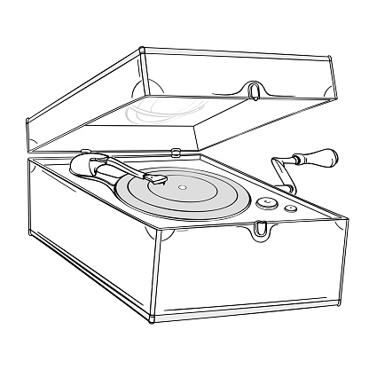 Retro gramophone in a sketch style on a white background
