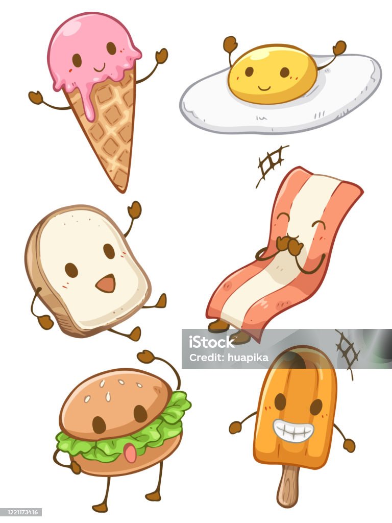 Cute Kawaii Food Character Cartoon Stock Illustration - Download Image Now  - Child, Bacon, Drawing - Art Product - iStock