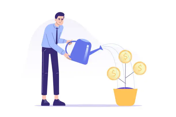 Vector illustration of Business investment concept. Young business man watering a growing tree with coins. Money growth metaphor. Start up and growth of successful business. Financial management. Vector illustration