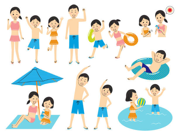 ilustrações de stock, clip art, desenhos animados e ícones de illustration of family members with swimsuits - stretch beach