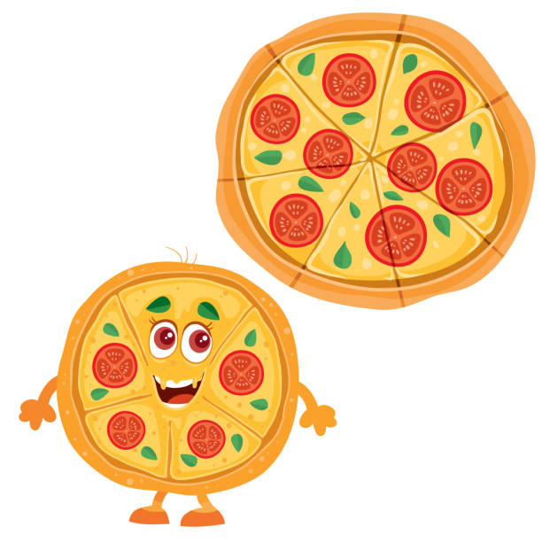 pizza intera e carattere pizza, cibo, fast food, oggetto isolato su sfondo bianco, illustrazione vettoriale - illustrazione arte vettoriale