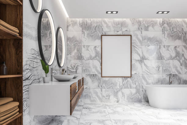 istock Luxury white marble bathroom with poster 1221178232