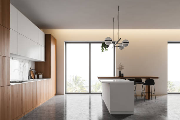 istock White and wood kitchen with bar, side view 1221178306