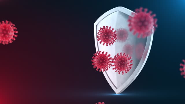 Security shield as virus protection concept. Coronavirus Sars-Cov-2 safety barrier. Shiny steel shield protecting against virus cells, source of covid-19 disease. Defense against bacteria.