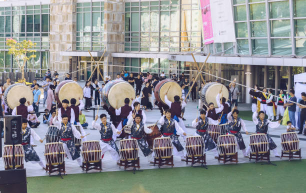 Busan, South Korea - September 13, 2019: performance of korean traditional drummers on small to large  drums