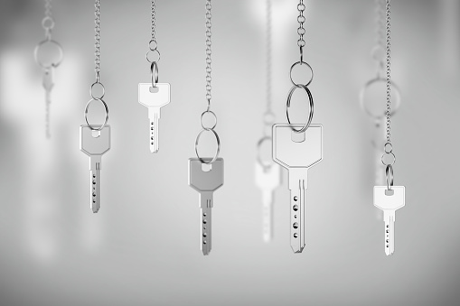 Shiny silver keys on chains over blurry white background. Concept of real estate market and key to success. 3d rendering