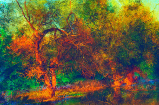 Oil landscape painting showing spooky dark forest in autumn.