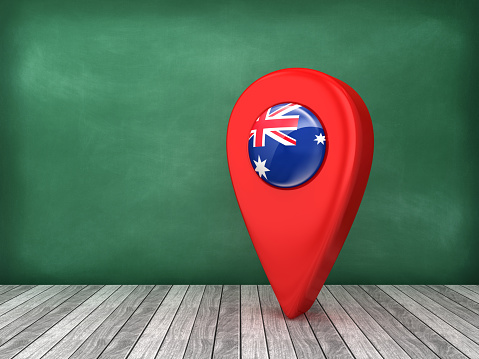 GPS Marker with AUSTRALIAN Flag on Chalkboard - 3D Rendering