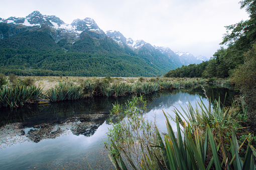 Mirror Lake is famous from clear and reflection water in the lake located in Fiordland National Park, New Zealand