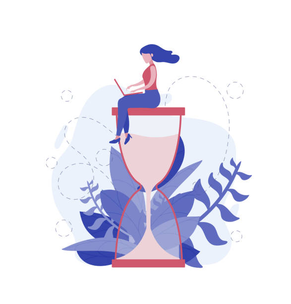 ilustrações de stock, clip art, desenhos animados e ícones de businesswoman work on the hourglass relaxed and concentrated. business concept of time management and workaholic meeting deadline. violet and pink color scheme. - hourglass time purple deadline