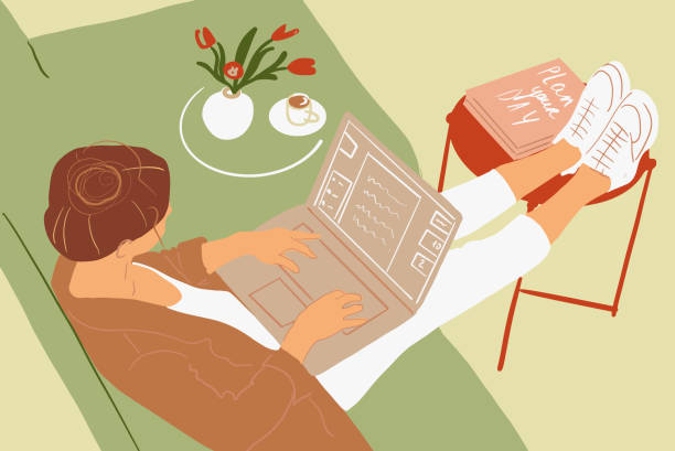 Woman working on laptop at home Business woman working online on a laptop from home at cozy atmosphere. Concept of remote work from home. Colorful vector illustration in flat cartoon style entrepreneur drawings stock illustrations