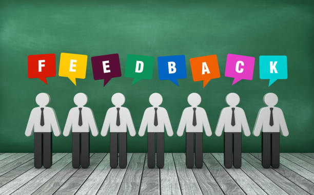 istock Pictogram People with FEEDBACK Bubble Speech on Chalkboard - 3D Rendering 1221183719