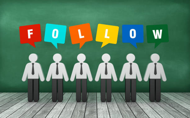 istock Pictogram People with FOLLOW Bubble Speech on Chalkboard - 3D Rendering 1221183745