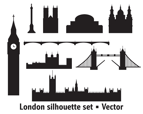 Vector set of  landmarks of London. City Skyline vector illustration in black colors isolated on white background. Outline set of vector silhouette illustration of landmarks of London, England.