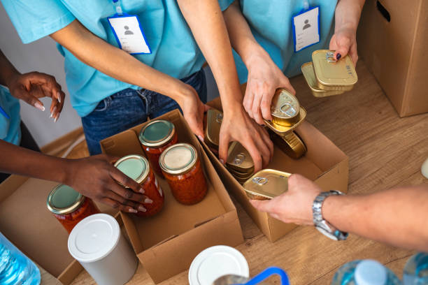 Helpful team of social workers. Cardboard boxes being filled with food donations. Helpful team of social workers. Young people volunteering to sort donations for charity food drive. Unrecognizable people volunteering in food bank relief emotion photos stock pictures, royalty-free photos & images