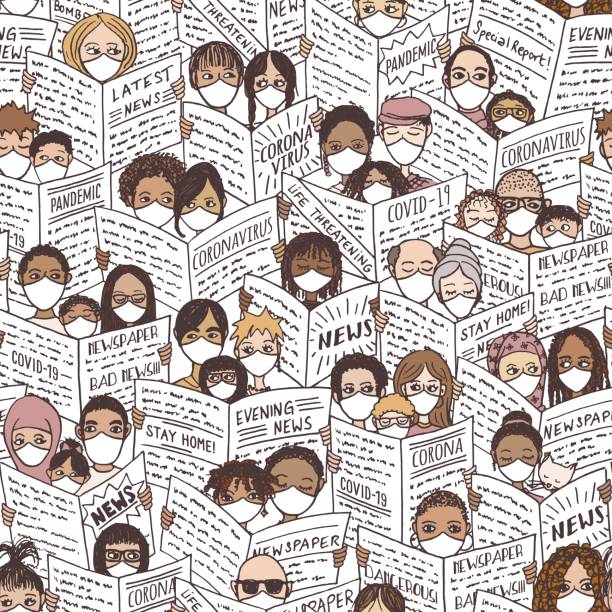 Diverse people reading newspapers about coronavirus pandemic Seamless pattern with diverse people, adults and children, reading newspapers about the coronavirus pandemic, wearing face masks news event illustrations stock illustrations