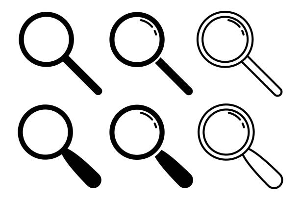 ilustraciones, imágenes clip art, dibujos animados e iconos de stock de icono de búsqueda de lupa vector aislado simple - magnifying glass