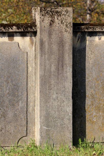 istock Part of massive old concrete fence wall with decorative elements partially covered with moss on top surrounded with uncut grass 1221192453