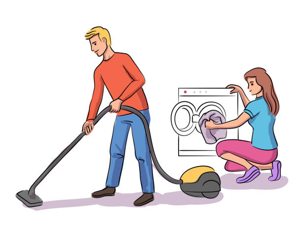 ilustrações de stock, clip art, desenhos animados e ícones de vector illustration couple everyday life scene - love teamwork cooperation machine