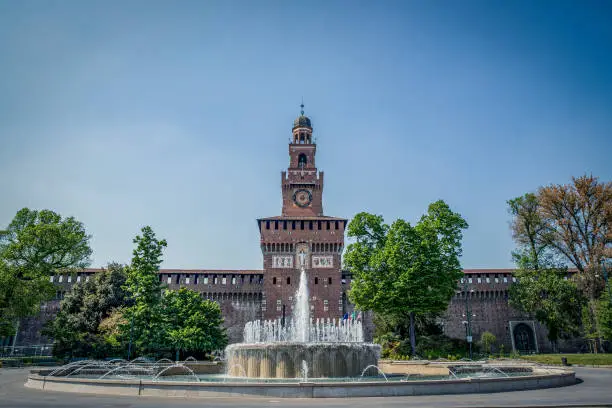 Photo of Empty streets due to covid-19 virus. Lockdown in european town. Strange spring in Milan Castello Sforzesco Italy. Report from deserted cities people locked up. Nobody can go out all are closed at home