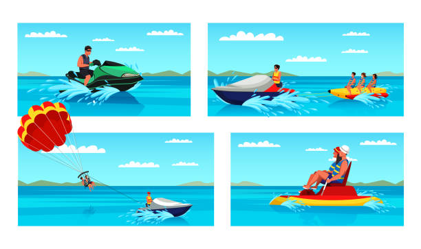 illustrations, cliparts, dessins animés et icônes de amusement extrême d’eau sur l’ensemble de vacances d’été - ski boat