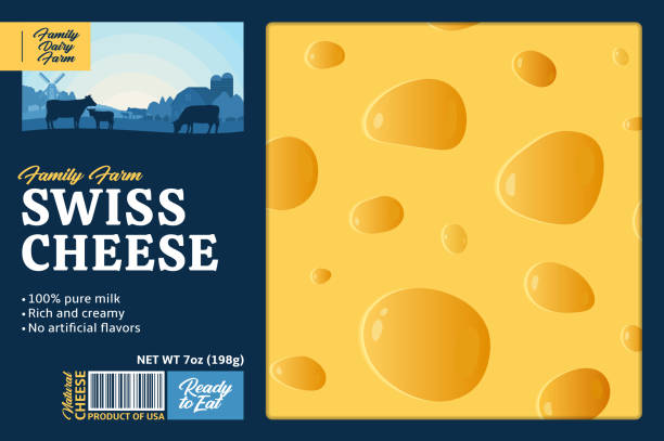 Cheese packaging design template Vector swiss cheese packaging or label design template with dairy farm, cows and calves. Realistic cheese illustration swiss cheese slice stock illustrations