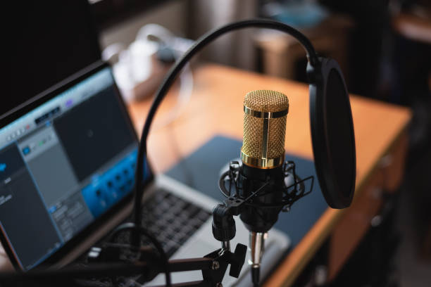 istock close up of microphone at music studio, music concept 1221199229