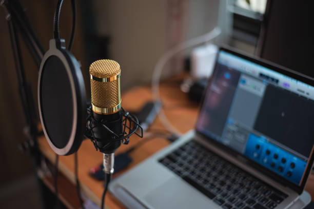 istock close up of microphone at music studio, music concept 1221199311